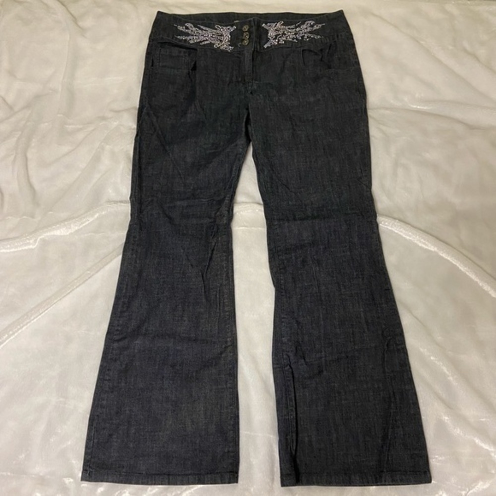 Gray Lightweight Denim Rhinestone Waist Pants